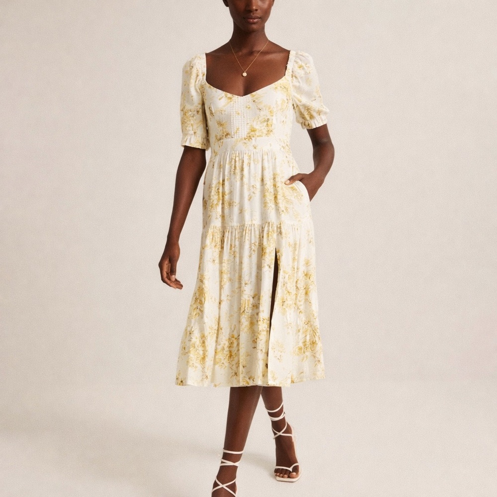 Abercrombie & Fitch Cream Midi Dress with Yellow Floral Print